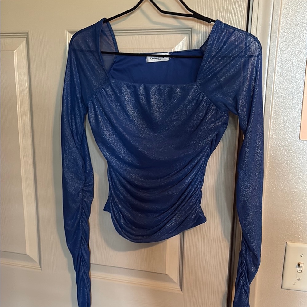 SHEIN Blue Ruched Blouse with Elegant Long Sleeves